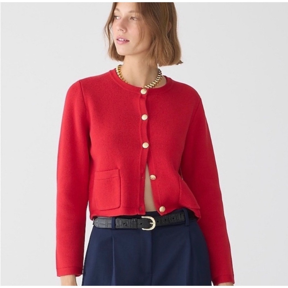 J.Crew Emilie Sweater Lady Jacket Womens XS Red Gold Button Cropped BQ197 Preppy